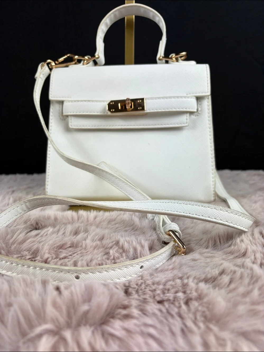 Kelly Style Mini White Saffiano Faux Leather Structured Crossbody Satchel